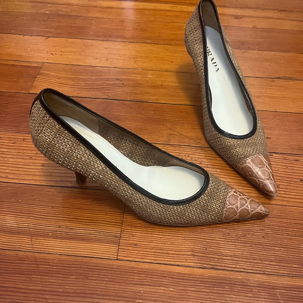 Prada Woven Brown and Tan Heels